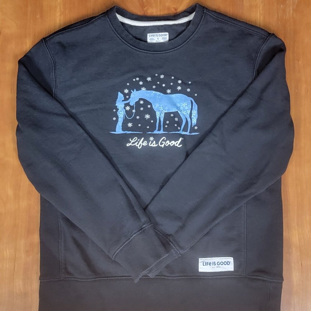 Life is Good Women's Black Long Sleeve Crew Neck Holiday Horse Sweatshirt - S